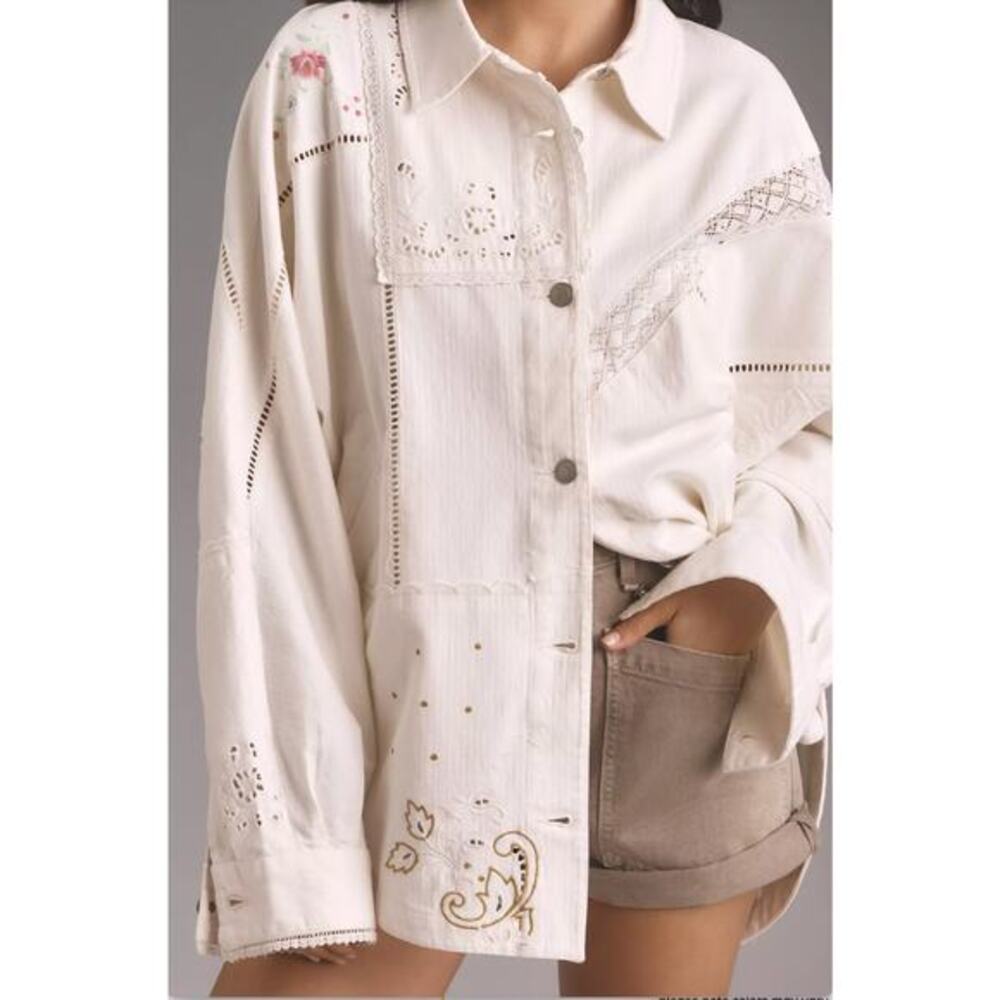 Anthropologie white eyelet lace embroidered floral shacket